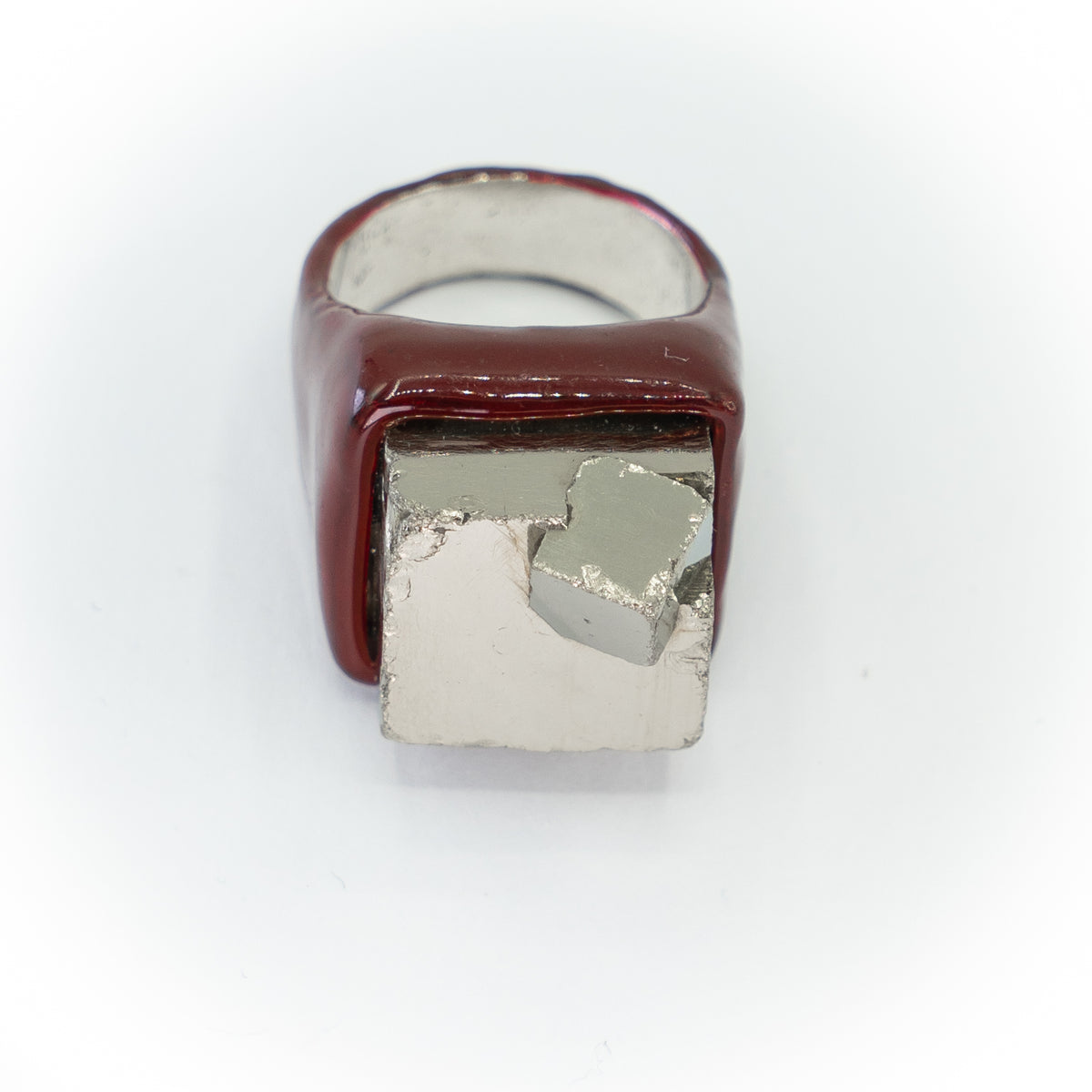Burgundy Enamel Cube Ring with Pyrite Stone