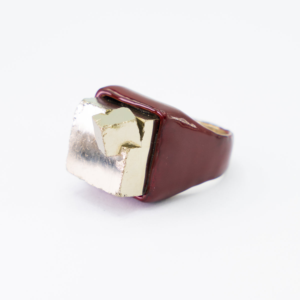 Burgundy Enamel Cube Ring with Pyrite Stone